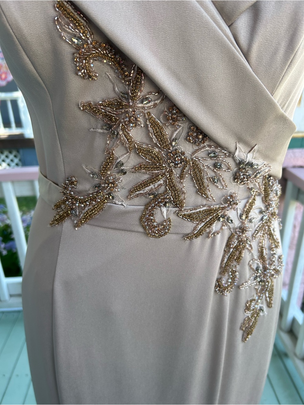 Mon Cheri Champagne Satin Embellished Maxi Dress - Picture 6 of 7